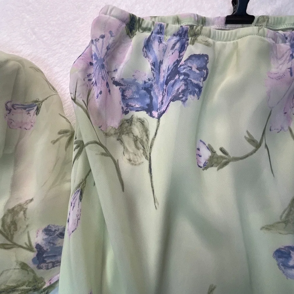 VTG Maxi Skirt 2 Pc Set Women M Floral Fairy Chiffon Lettuce Hem Church Romantic